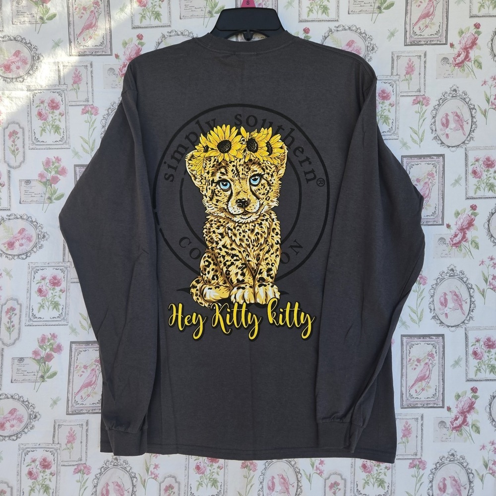 Simply Southern Hey Kitty Kitty‎ Cheetah Sunflower Graphic Long Sleeve T-Shirt M